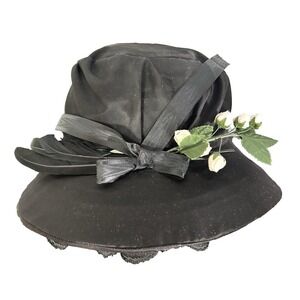 Lush Antique Hat Victorian 1880's Black Lace Millinery Flowers Feather Mourning